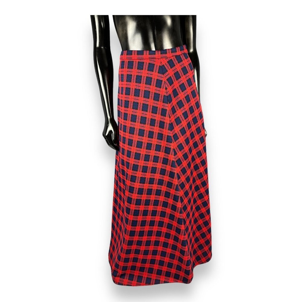 Vtg 60s 70s Red Navy Blue Plaid Midi Skirt A-line 25" Waist 37” Long